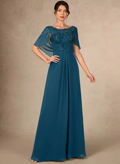 A-lijn-jurk ronde hals vloer lengte kant de chiffon moeder van de bruid jurk met cape mouwen applicaties kant plooirok 