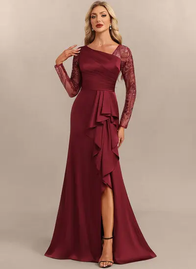 Trompet/Havfrue Asymmetrisk Sweep/Børste train Sateng Festkjole med Ruffle 