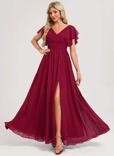 A-line V-Neck Floor-Length Chiffon Bridesmaid Dress With Ruffle 