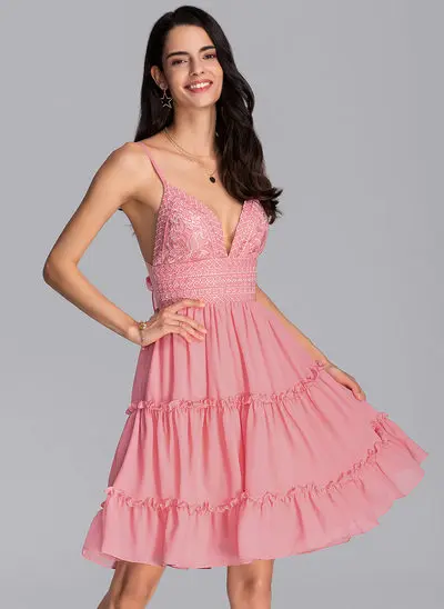 A-Line V-neck Knee-Length Chiffon Homecoming Dress With Bow(s) Cascading Ruffles 