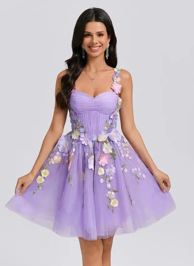 De baile/princesa decote em coração curto tule vestido de formatura com plissada flor 