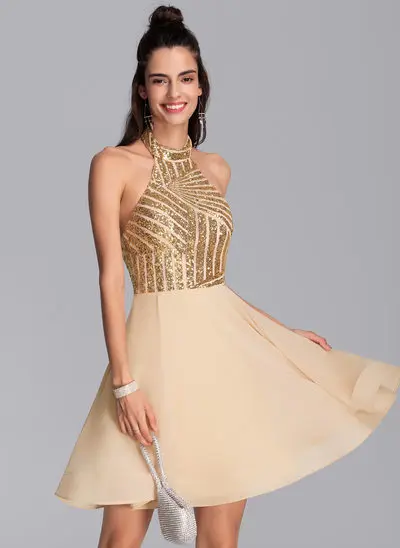 A-Line Halter Short/Mini Chiffon Homecoming Dress 