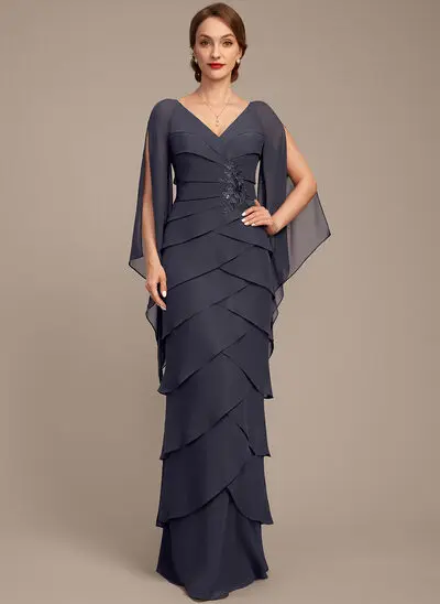 ножны V шеи Длина до пола Шифон Платье Для Матери Невесты с Рябь блестки аппликации кружева 