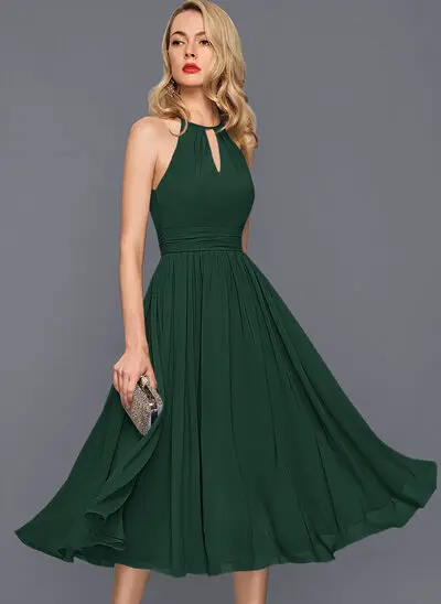 Vestido linha-a decote redondo coquetel tecido de seda vestido de cocktail com plissada 