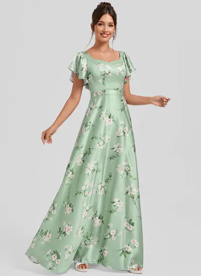 Robe de demoiselle d'honneur trapèze col v longueur ras du sol satin mat avec volants 