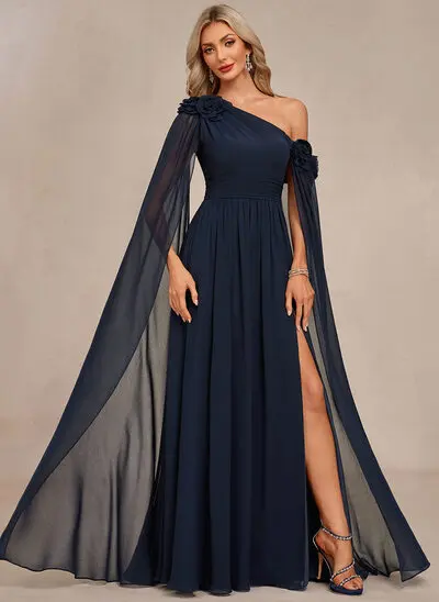One Shoulder Cape Chiffon Maxi Dress