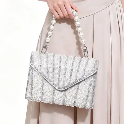 Pearl Rhinestone Elegant Wedding Party Evening Polyester Evening Bags in Ivory 
