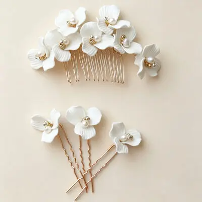Tocado de boda perla flores juego de peines para el cabello (juego de 4)
