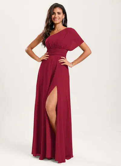 Jurk a-lijn van chiffon met one-shoulder ruches