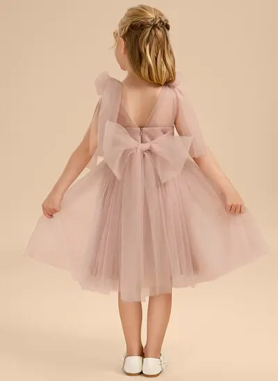 A-linja pyöreä kaula-aukko polvipituinen tylli kukka tyttö mekot 