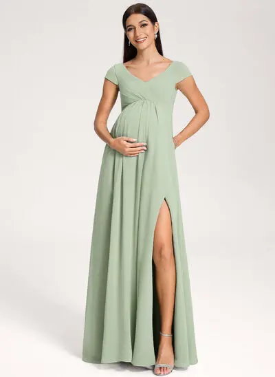 A-Linien-Kleid V-Ausschnitt Bodenlang Chiffon Umstandskleider mit Falten 