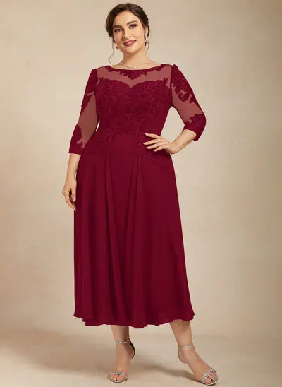 A-линии Совок шеи Иллюзия Длина ниже колен Шифон кружевной Платье Для Матери Невесты с блестки развальцовка 