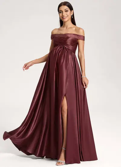 A-Linien-Kleid Carmen Bodenlang Stretch-Satin Umstandskleider mit Falten 