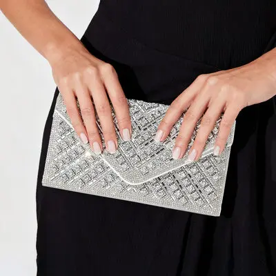 Rhinestone Elegant Party Evening Polyester Clutch Bags in Silver 