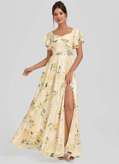 Robe de demoiselle d'honneur trapèze col v longueur ras du sol satin mat avec volants 