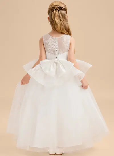 Tanssiaismekot/prinsessa pyöreä kaula-aukko lattiaa hipova pituus tylli pitsi kukka tyttö mekot jossa keula 