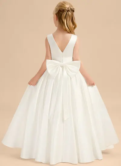 A-linja pyöreä kaula-aukko lattiaa hipova pituus satiini kukka tyttö mekot jossa keula 