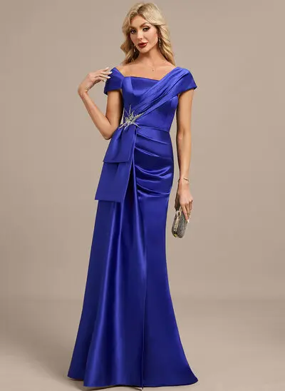 Sheath/Column Asymmetrical Floor-Length Satin Evening Dress With Pleated Beading 
