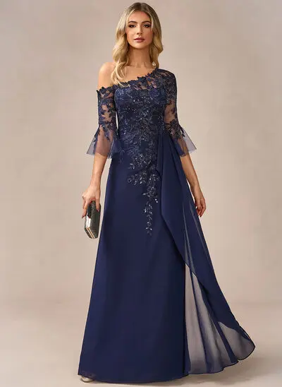 Línea a un hombre hasta el suelo gasa encaje vestido de noche con lentejuelas 