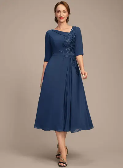A-line Asymmetrical Collared Tea-Length Chiffon Mother of the Bride Dress With Sequins Appliques Lace Pleated 