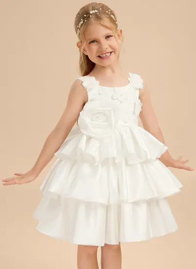 Tanssiaismekot/prinsessa pyöreä kaula-aukko polvipituinen tylli satiini kukka tyttö mekot jossa 3d kukka keula 