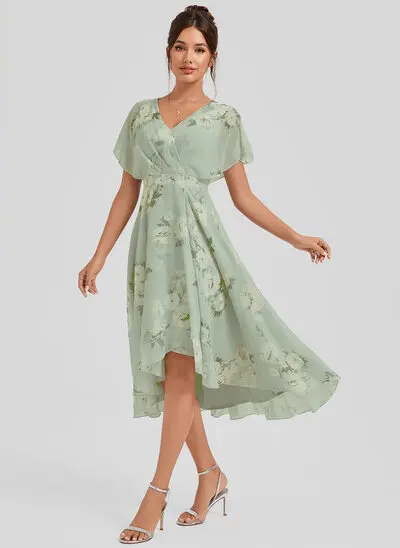 Robe de demoiselle d'honneur trapèze col v asymétrique mousseline avec volants 