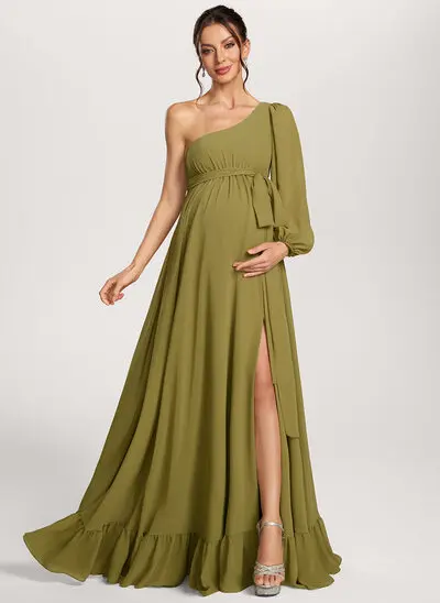 Umstandskleid in A-Linie mit One-Shoulder-Ausschnitt Rüschen aus Chiffon