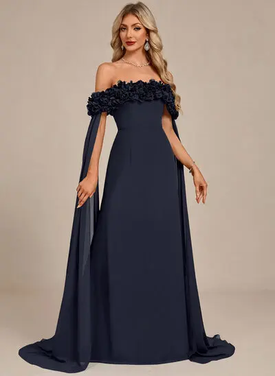 Off the Shoulder 3D Floral Chiffon Maxi Dress