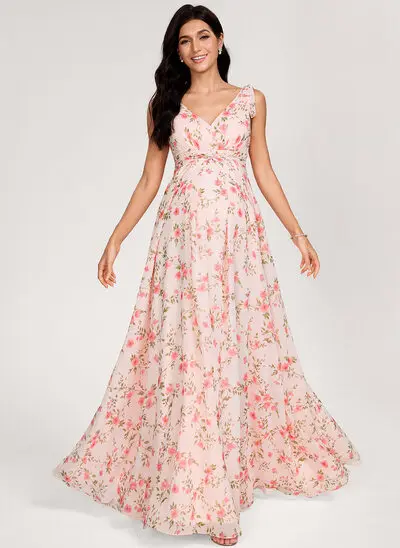 Kjole med A-linje V-hals Gulvlængde Chiffon Graviditetskjoler med Sløjfe Flæsekanter 