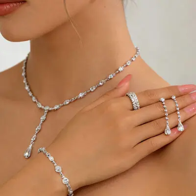 Pave Rhinestone Wedding Jewelry Sets For Bridal & Bridesmaid Earrings & Necklace & Bracelet & Ring (Set of 4)