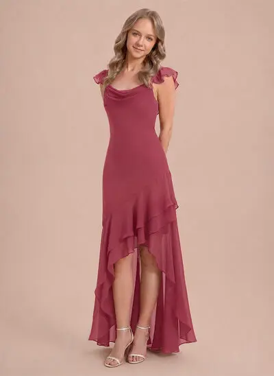 Vestido corte recto con escote drapeado volantes de gasa