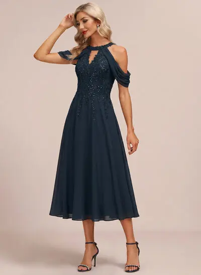 Cold Shoulder Chiffon Midi Dress
