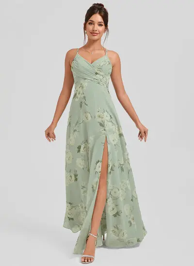 Robe de demoiselle d'honneur trapèze col v longueur ras du sol mousseline 