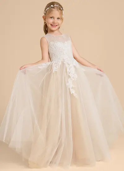A-line Scoop Floor-Length Lace Tulle Flower Girl Dress With Beading 
