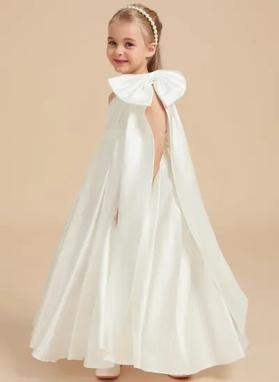 A-linja yksiolkaiminen lattiaa hipova pituus satiini kukka tyttö mekot jossa keula 