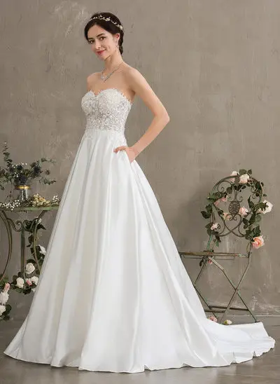 Sweetheart Strapless Asymmetrical Satin Wedding Dress