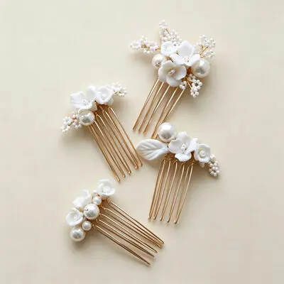 Tocado de boda perla flores juego de peines para el cabello (juego de 4)