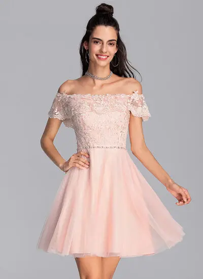 A-Line Off-the-Shoulder Short/Mini Tulle Homecoming Dress With Beading Sequins 