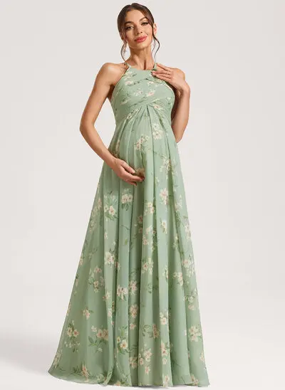 A-Linien-Kleid Neckholder Bodenlang Chiffon Umstandskleider mit Rüschen 