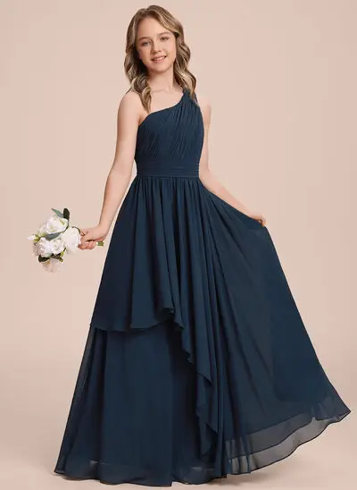 A-line One Shoulder Pleated Chiffon Dress