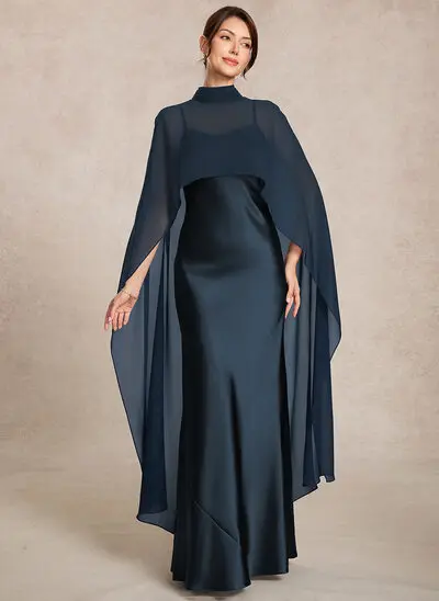 Sereia decote quadrado manga capa cetim elástico vestido