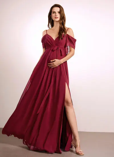 Kjole med A-linje Kolde skulder Gulvlængde Chiffon Graviditetskjoler med Sløjfe Plisseret 