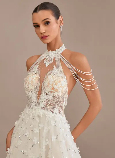 A-line Halter Sweep Train Lace Wedding Dress With Beading Sequins 