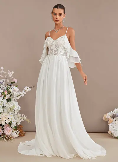 A-line Cold Shoulder Sweetheart Court Train Chiffon Lace Wedding Dress With Ruffle Beading Sequins 