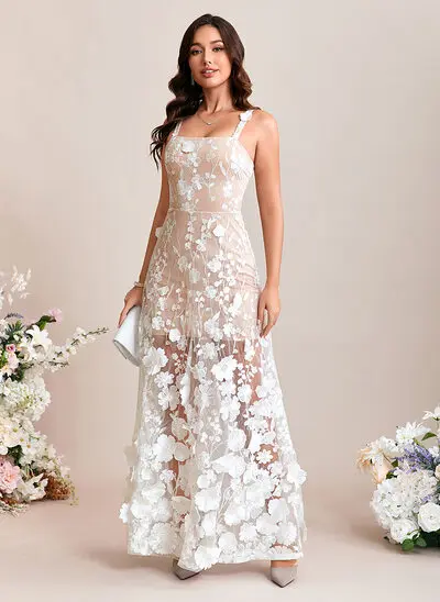 A-line Square Floor-Length Lace Wedding Dress With Embroidered Flower 