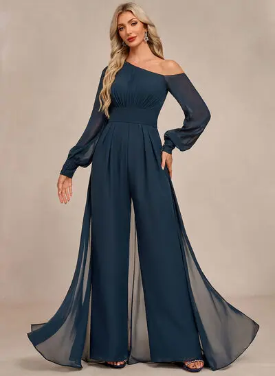 One Shoulder Pleated Chiffon Maxi Jumpsuit