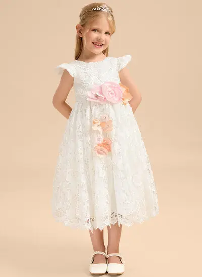 A-linja pyöreä kaula-aukko polven alle pitsi vuori 100% puuvillaa kukka tyttö mekot jossa 3d kukka 