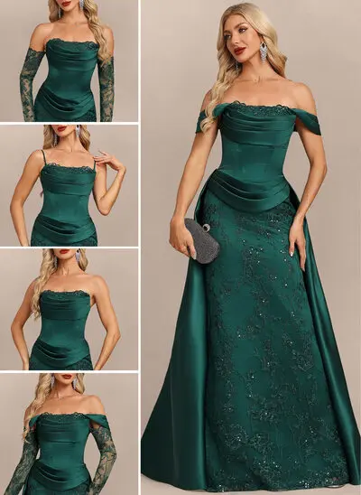 Off--shoulder laskostettu satiini maxi mekko