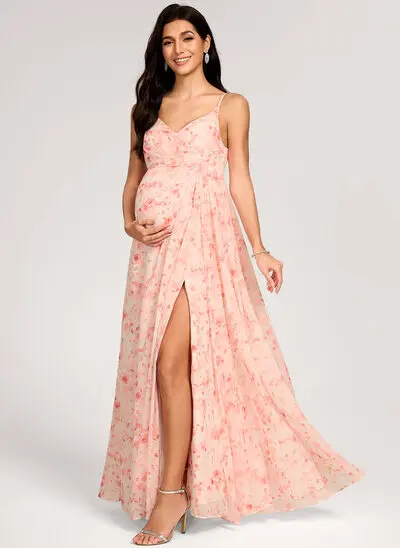 Kjole med A-linje V-hals Gulvlængde Chiffon Graviditetskjoler med Plisseret 