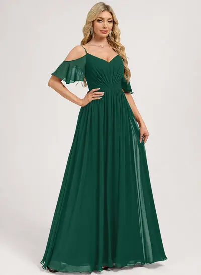 A-line V-Neck Floor-Length Chiffon Bridesmaid Dress With Ruffle 